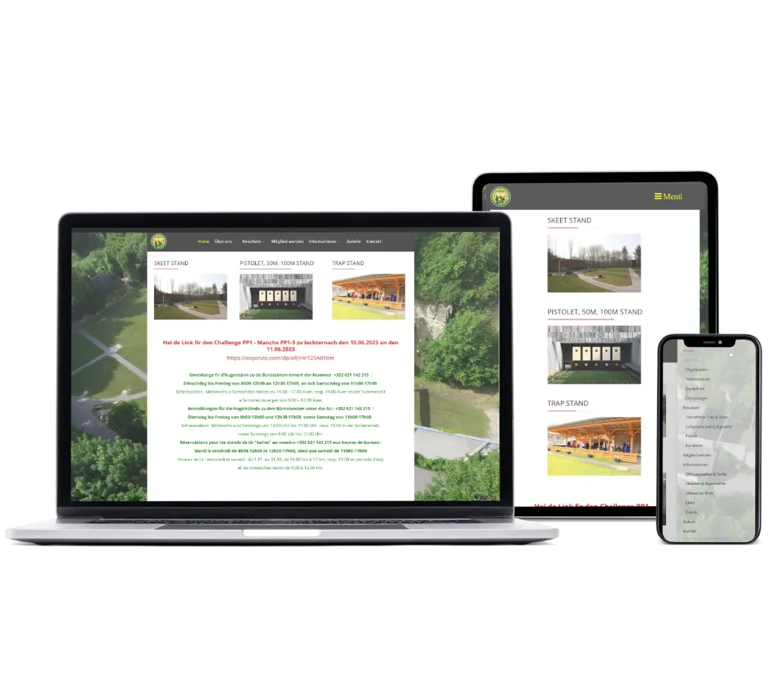 La page d'accueil de Tir Echternach est affichée sur un écran, une tablette et un smartphone.